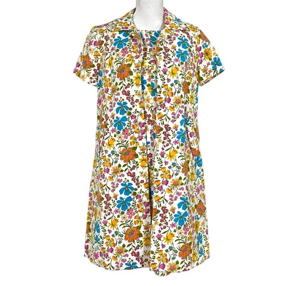 Vintage 60s David Crystal Floral Dress Suit Set S Ivory Pink Blue Yellow Green - Picture 3 of 13